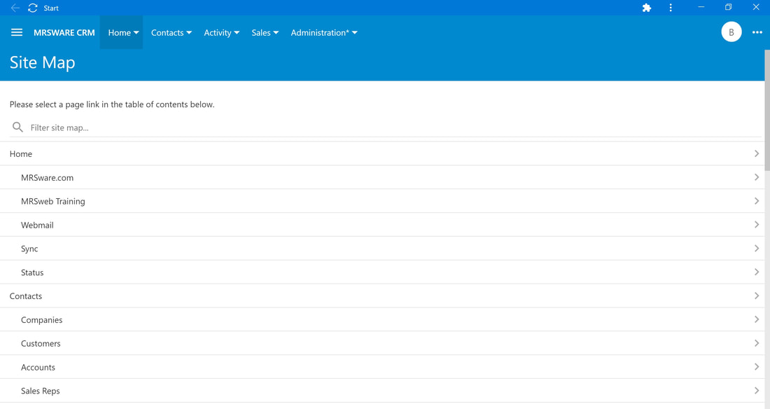 MRSweb Navigation and Start Screen